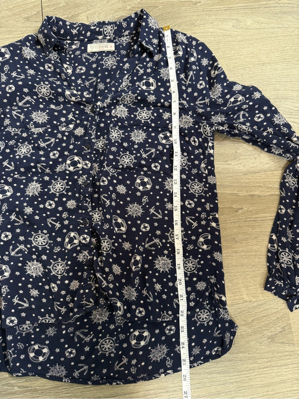 Nautical Print Coastal Button-Front Blouse boating beachy - Picture 5 of 6